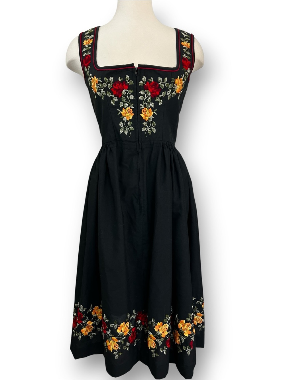 Vintage Trevira Traditional German Dirndl Dress Black with Floral Embroidery